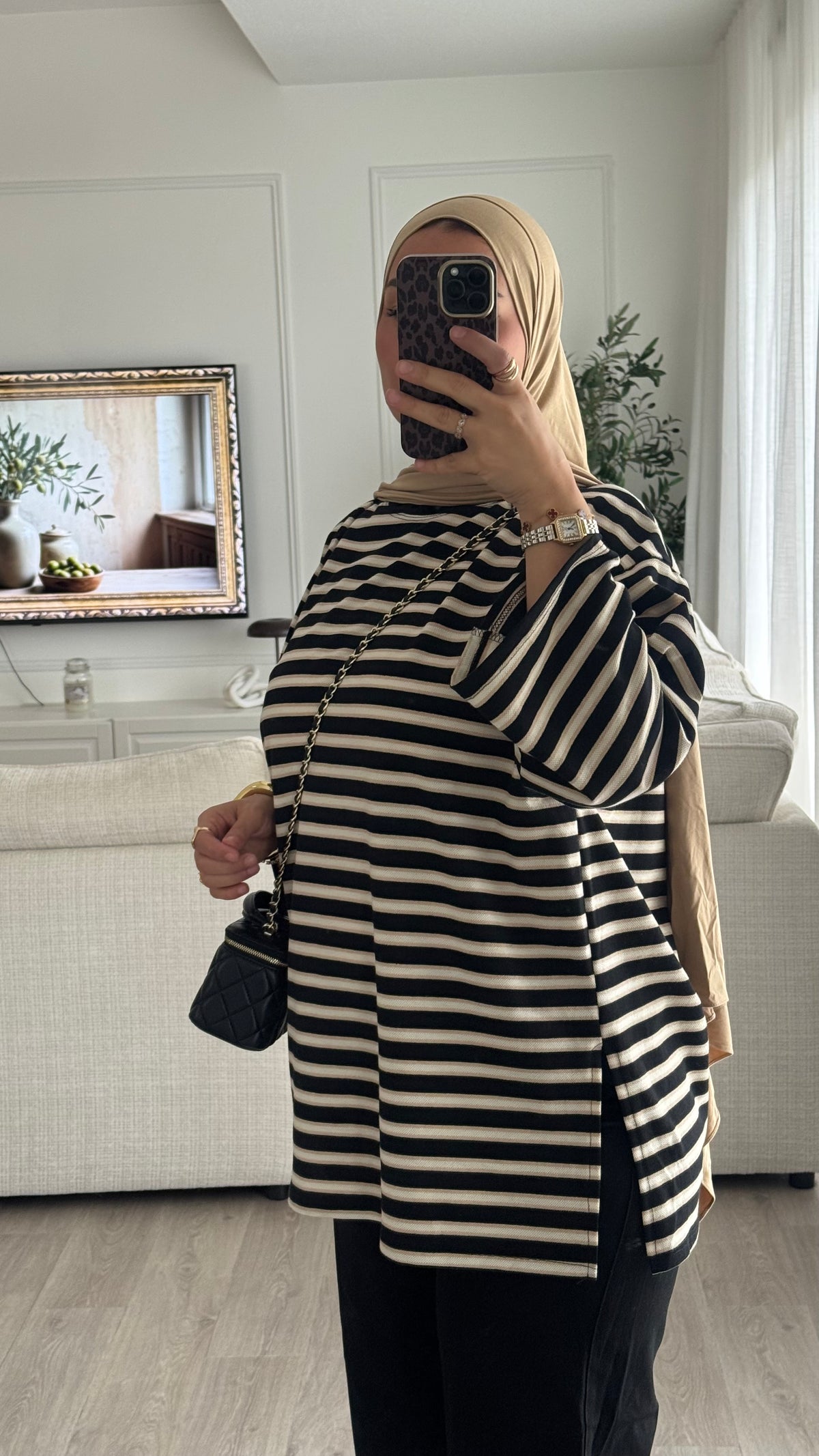 T-Shirt Oversize rayé | Noir-Beige