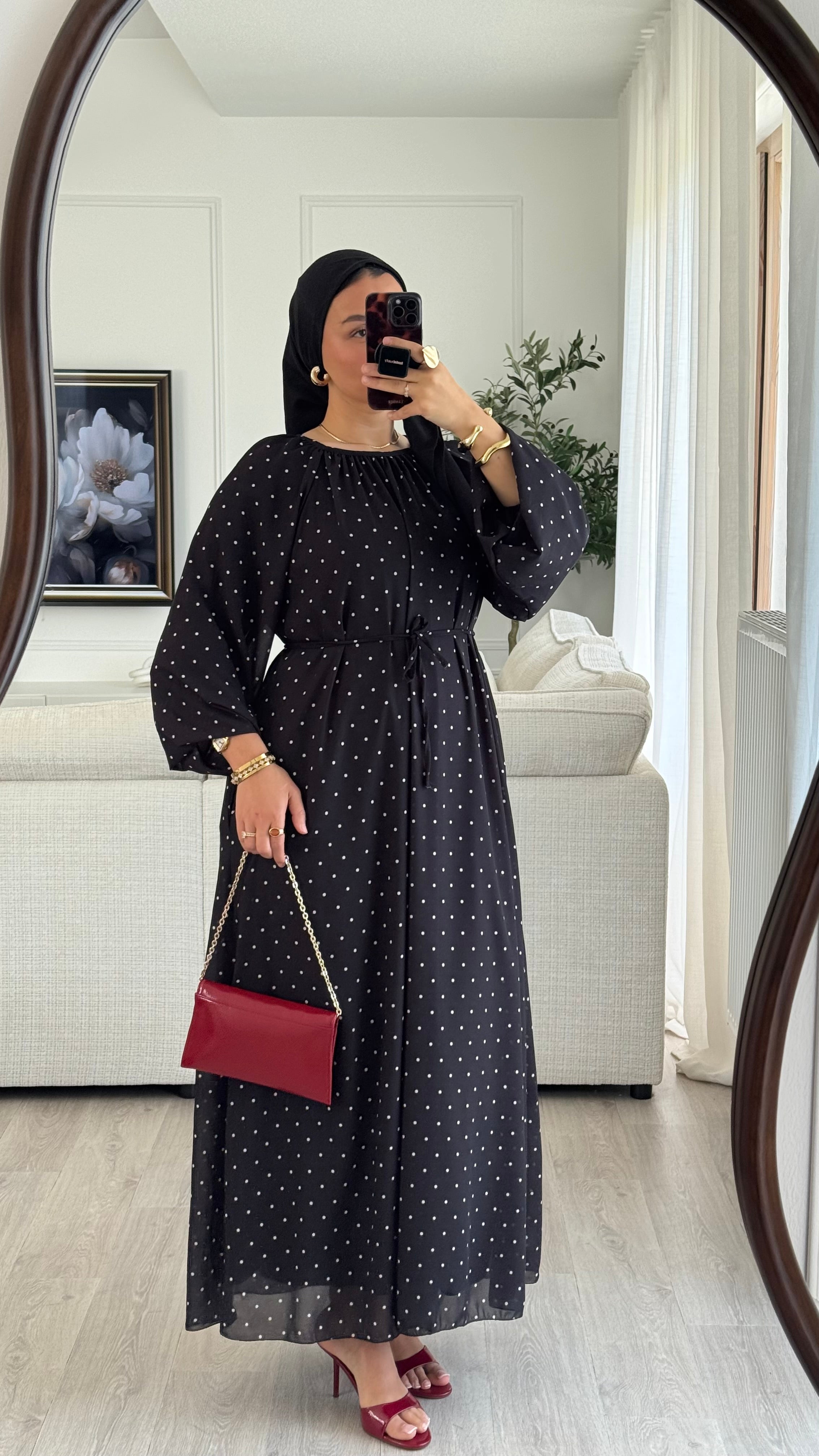 Robe à pois manches bouffantes | Noir
