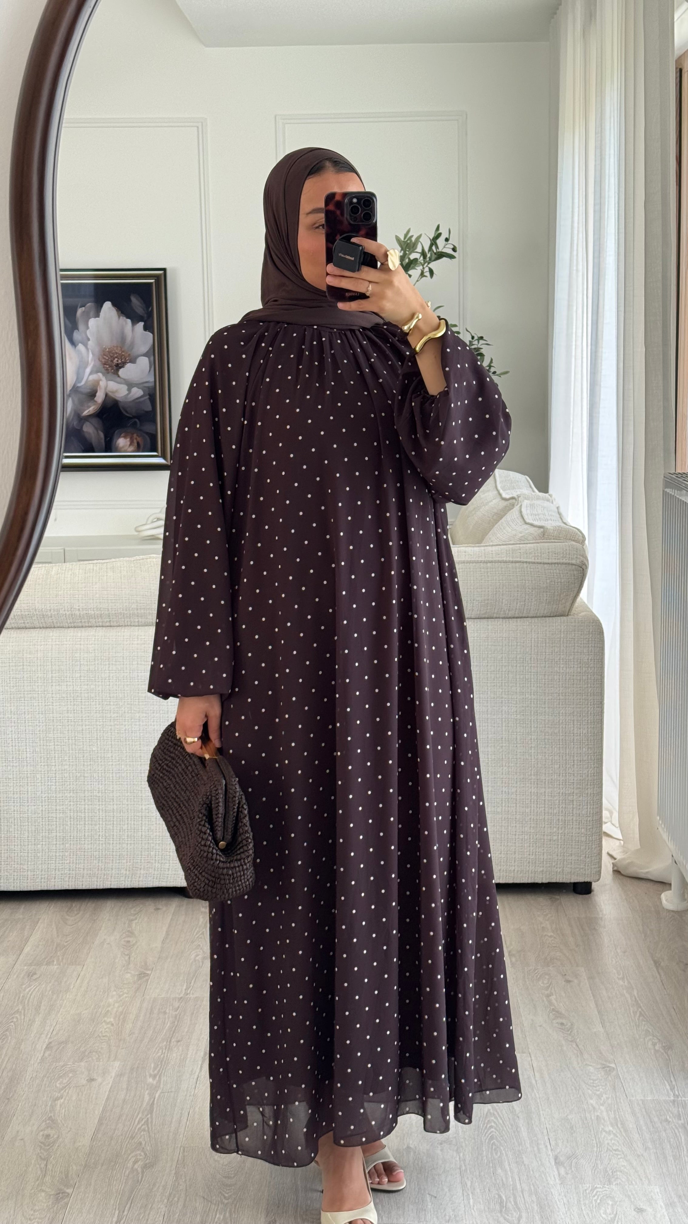 Robe à pois manches bouffantes | Marron