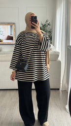 T-Shirt Oversize rayé | Noir-Beige