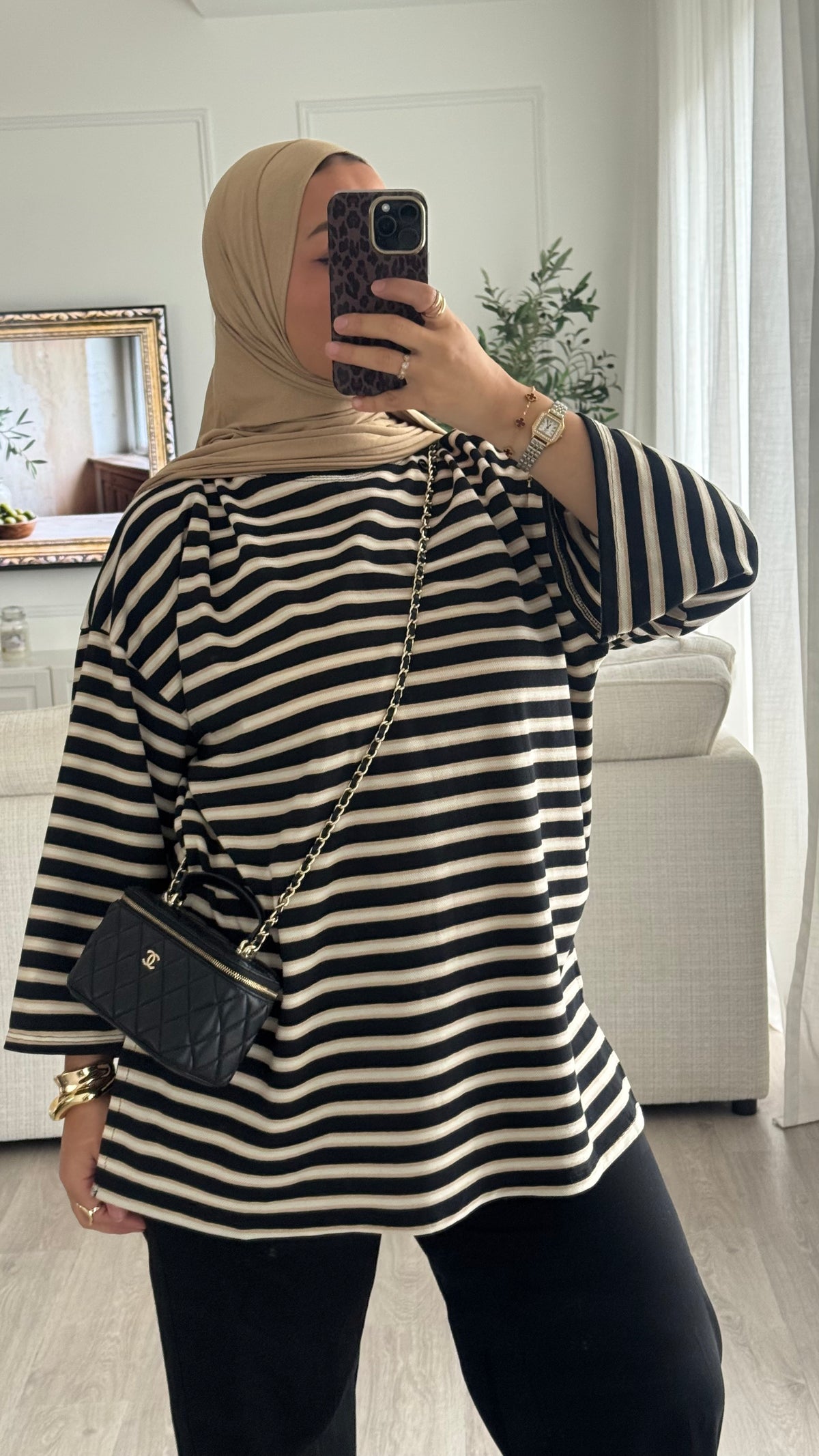 T-Shirt Oversize rayé | Noir-Beige